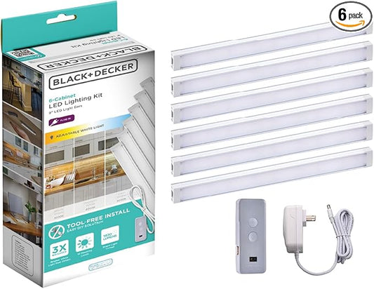 BLACK+DECKER LED Under Cabinet Lighting Kit, Motion Sensor, Dimmable, Linkable, 3 Color Settings, Tool-Free, for Kitchen, Pantry, Cabinets, Closets, Office (6) 9" Bars