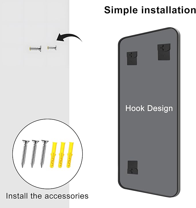 KOCUUY Black Rectangle Mirror, 20" x 48" Metal Frame Mirror with Rounded Corner, Classic Design of Upgraded Shatterproof Glass for Bathroom, Bedroom, Living Room, Entryway