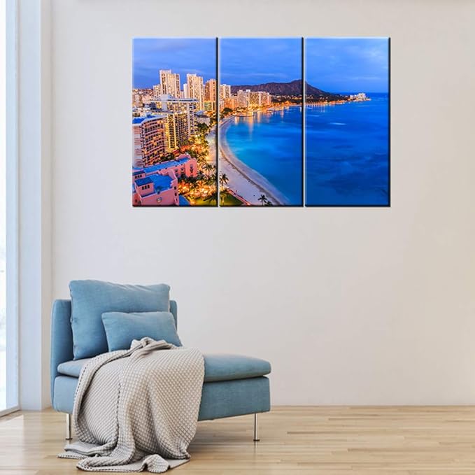 3 Pieces Skyline of Honolulu Canvas Print Wall Art Painting Sunrise from Diamond Head volcano Hawaii Landscape Picture Modern Giclee Stretched Framed Artwork Living Room - 24'' x 12'' x 3 Panels