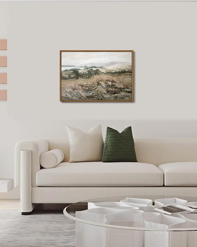 KISSFOX Vintage Landscape Canvas Wall Art Neutral Farmhouse Hills Lake Framed Wall Art Serene Countryside Paintings Artwork Rustic Art Prints For Bedroom Living Room
