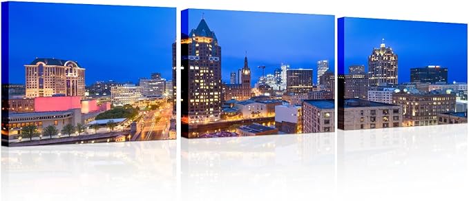 Native American Decor Skyline of Downtown Milwaukee Wall Art Cityscape Pictures Wisconsin, USA Panoramic Paintings Canvas City Skyline at Dusk Artwork Home Decor Framed Ready to Hang 12x48 Inch