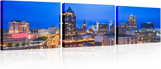 Native American Decor Skyline of Downtown Milwaukee Wall Art Cityscape Pictures Wisconsin, USA Panoramic Paintings Canvas City Skyline at Dusk Artwork Home Decor Framed Ready to Hang 12x48 Inch