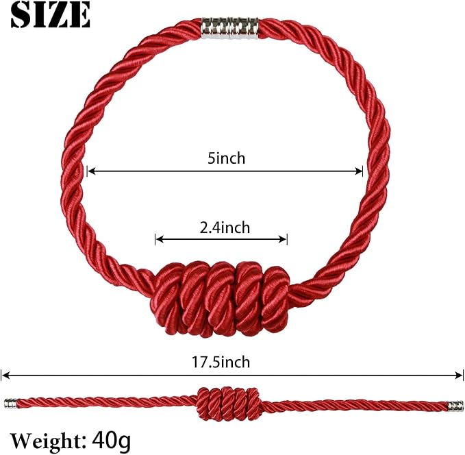 BEL AVENIR Magnetic Curtain Tiebacks, Decorative Drapery Holdbacks Modern Woven Tie-Backs with Exquisite Knot (Red, 4 Pack)