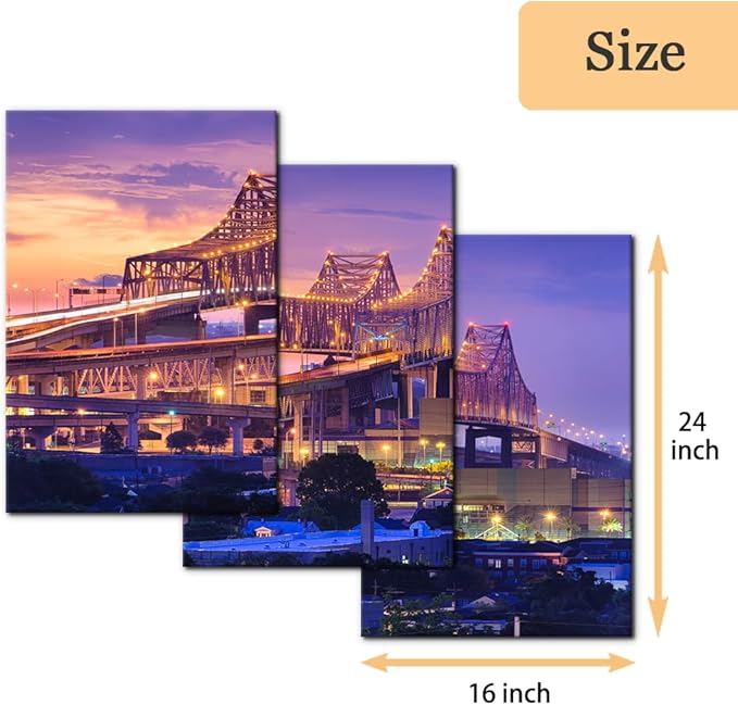 Pacimo Canvas Print Wall Art Set New Orleans Cityscape Modern Walls Decoration for Living Room Bedroom Office Crescent City Connection Bridge Pictures Painting Framed Ready to Hang - 16"x24"x3 Panels