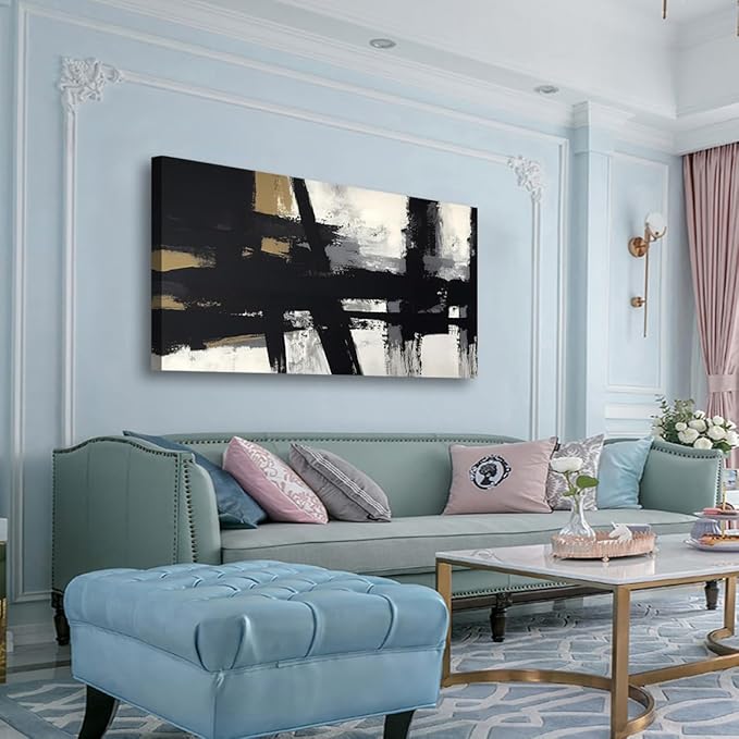 Black and White Abstract Pictures Canvas Wall Art for Living room Office Bedroom Wall Decor,Abstract Wall Art Print Paintings Modern Black Yellow Artwork Waterproof Ready to Hang-20x40inch