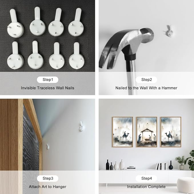 Large Catholic Jesus Nativity Scene Framed Canvas Wall Art Set,Watercolor Holy Birth of Jesus Wall Decor,Trendy Christmas Religious Artwork for Living Room,Bedroom,Church-16 x24 x3