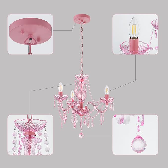 Luvkczc Crystal Chandelier, 3-Light Modern K9 Acrylic Crystal Chandelier for Dining Room, Pendant Ceiling Lighting Fixture for Bedroom, Living Room, Dining Room, Entryway Pink