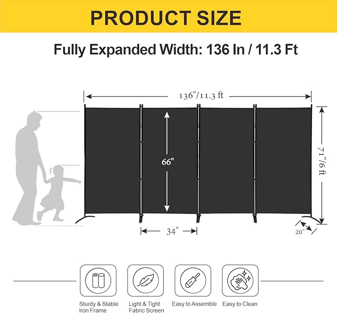 MAYOLIAH 4 Panel Privacy Screen Room Dividers 6FT Tall Portable Office Wall Divider for Rooms Separator 136"x20"x71", Black