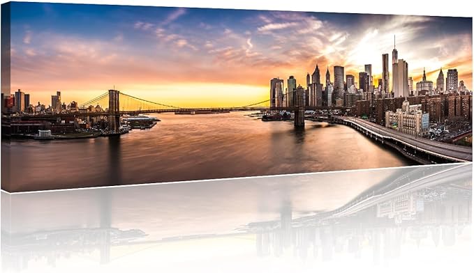 New York Cityscape Wall Art Painting on Canvas Brooklyn Bridge Panorama at Sunset Bedroom Wall Art Modern Home Decor House Decorations for Living Room Bathroom Pictures Framed Ready to Hang 12x46 Inch