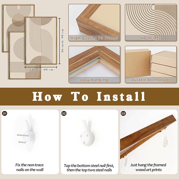 Anyzal Large Abstract Wall Art Boho Geometric Artwork Neutral Modern Wall Art 24x36 Inch for Living Room Bedroom Office Set of 3