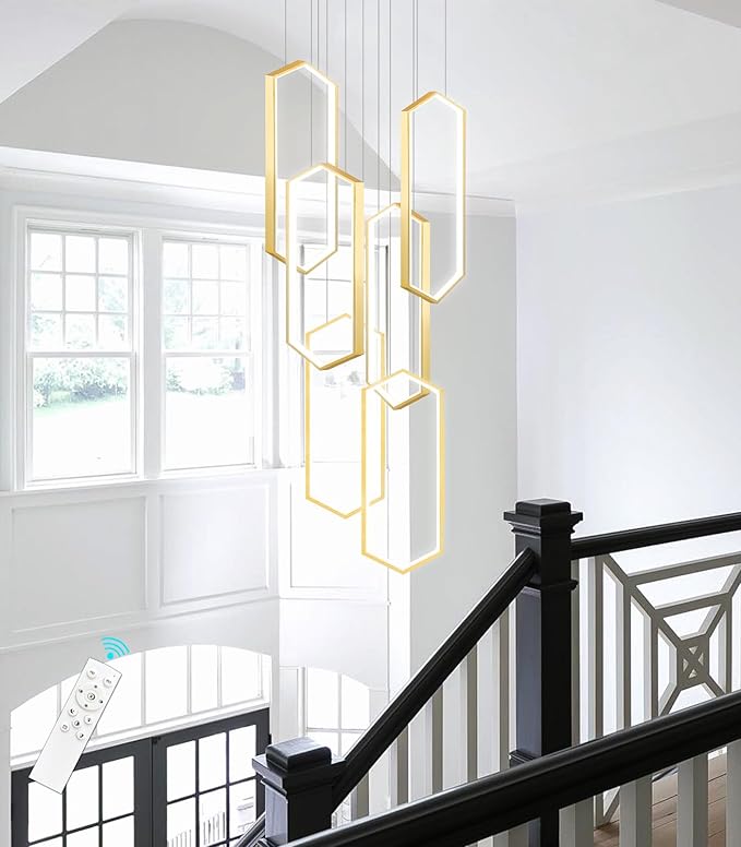 6 Rings Modern Chandelier LED Dimmable Pendant Lighting Adjust Flush Mount Ceiling Light for Foyer Lobby Living Room Staircaes Gold