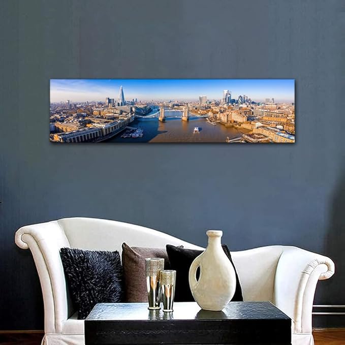 Aerial View of the Tower Bridge in London City Skyline Pictures for Living Room Cityscape Canvas Wall Art Modern Decor Beautiful Panorama of London Tower Bridge Artwork Posters Prints 12x46 Inch