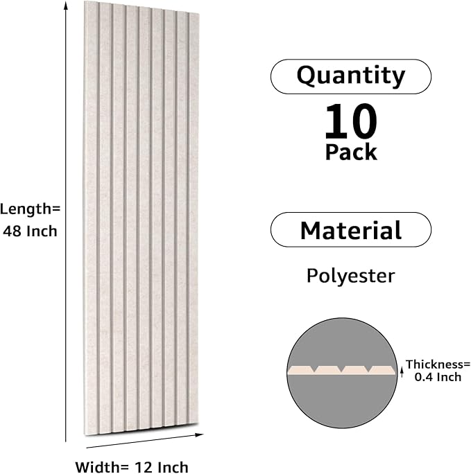 Art3dwallpanels 10 Pack Acoustic Panels, 48" X 12" X 0.35" Soundproof Wall Panels, Self Adhesive High Density Sound Absorbing Acoustic Treatment for Recording Studio, Office, Light Camel