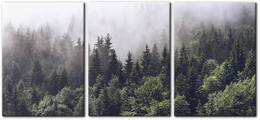 Pacimo Canvas Wall Art Fog Over Pine Tree Forest Nature Wilderness Photography Modern Art Rustic Landscape Relax/Calm Cool for Wall Decor Giclee Artwork Stretch Framed Ready to Hang - 20"x28"x3
