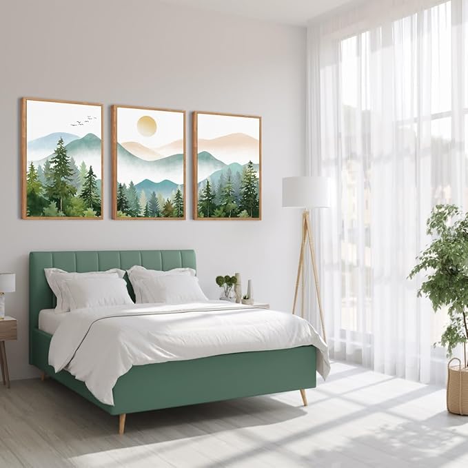 Anyzal Framed Green Mountain Wall Art Forest Painting Framed for Living Room Bedroom Bathroom 16x24 Inch Set of 3
