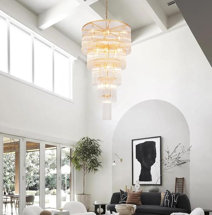 Large Gold Glass Chandelier, 5-Tier Modern Chandelier Light Fixture for High Ceiling Foyer Entryway Luxury Staircase Living Room Golden H49 D27.5