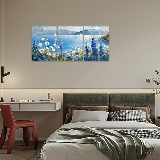 MAMAGO Vintage Floral Wall Art 3 Panels Natural Flowers Botanical Canvas Print Posters Coastal Sailboat Landscape Aesthetic Painting Modern Home Wall Decor Framed Easy to Hang-20”x28”x3pcs