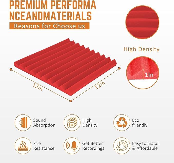 Acoustic Foam Panels 24 Pack 1 x 12x 12 Inches Soundproof Wall Panels Acoustic Foam Sound Panels Noise Reducing Soundproofing Dampening Red Acoustic Panels Fire Resistant