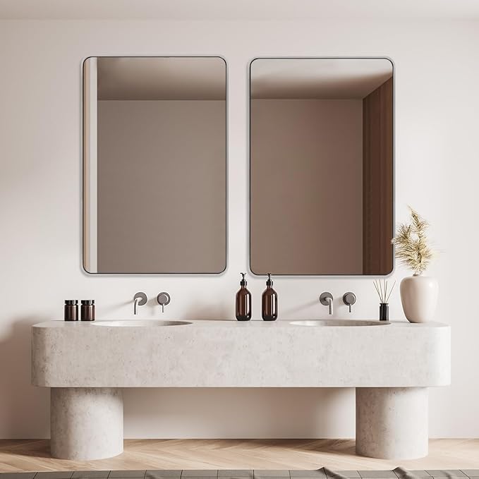 ANDY STAR 48x32 Inch Chrome Bathroom Mirror, Chrome Bathroom Vanity Mirror, Rounded Rectangle Mirror, Anti-Rust SUS304, Seamless Tube Metal Frame, 1’’ Deep Wall Mounted Vertically/Horizontal