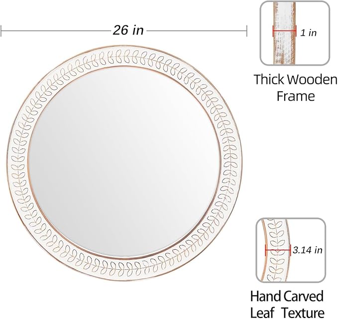 26 inch Round Mirrors for Wall Wood Circle Mirror with Carved Frame Rustic Accent Distressed Decorative for Living Room Bedroom Vanity Entryway Hallway Bathroom - White