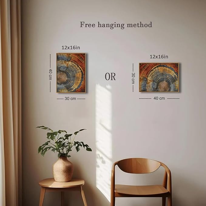 BingruiArt Framed Tree Ring Canvas Wall Art Red and Gold Abstract Wood Wall Decor Boho Modern Colorful Nature Prints Pictures Poster for Living Room Bedroom Bathroom Office 12"x16" Natural Framed(03)