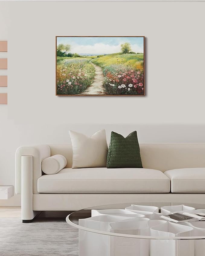 KISSFOX Vintage Framed Wall Art Decor Modern Farmhouse Spring Landscape Pictures Paintings Wall Decor Rustic Wildflower Canvas Art Prints Nature Countryside Artwork For Bedroom Kitchen Living Room