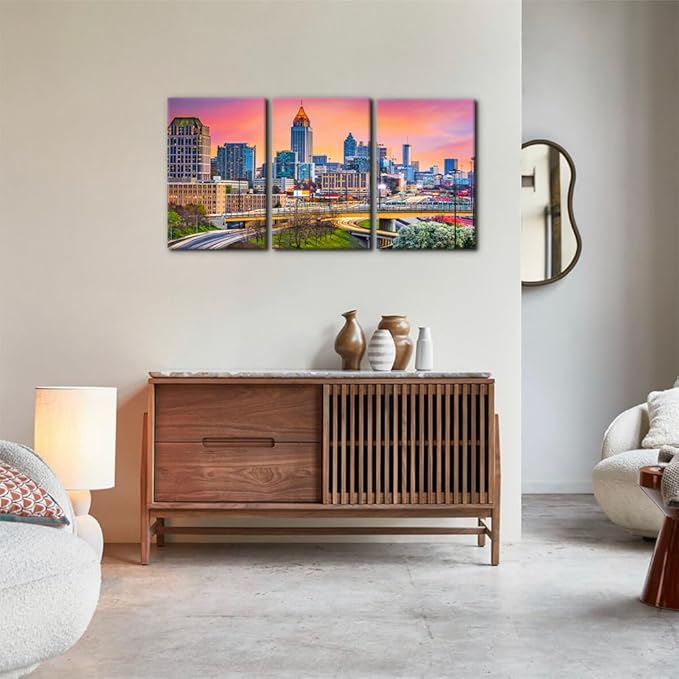 Pacimo Atlanta Cityscape Canvas Wall Art Print City Skyline at Dusk Painting Wall Decor for Living Room Home Decoration Gallery Wrapped Posters and Prints Framed Ready to Hang - 16"x24"x3 Panels