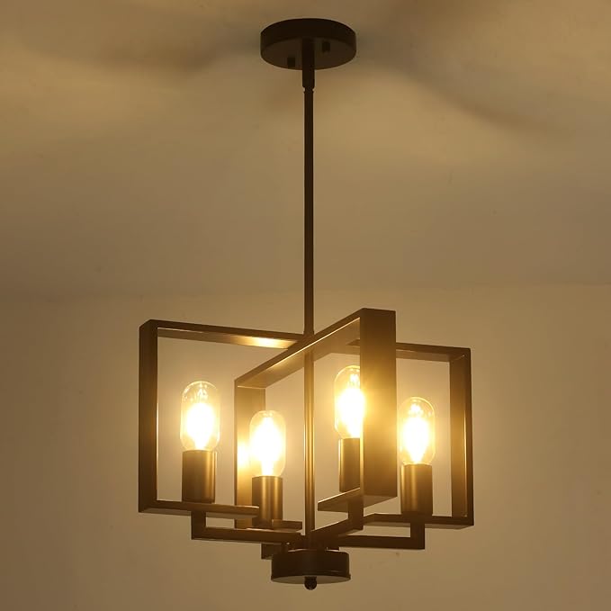 4-Light Modern Farmhouse Black Chandeliers for Entryway, 16'' Geometric Pendant Lights Kitchen Island, Hanging Industrial Metal Chandelier for Stairway Foyer Hallway Dining Room