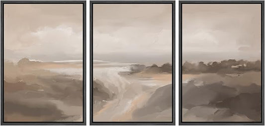 MUDECOR Framed Canvas Print Wall Art Serene Landscape Neutral Coastal Illustrations Realism Decorative for Living Room, Bedroom, Office - 16"x24"x3 Black