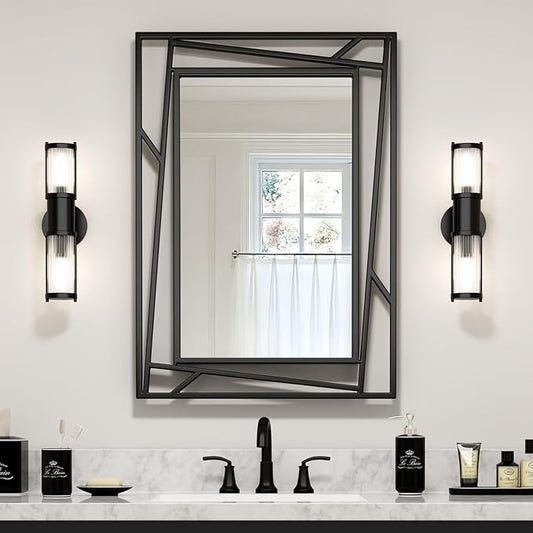 Black Bathroom Mirror, 36''X24'' Rectangle Decorative Wall Mirrors with Geometric Metal Frame for Bathroom, Living Room, Bedroom, Entrance, Expands Space, Horizontal/Vertical