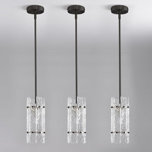 Pearl Black Crystal Pendant Light for Kitchen Island, Luxury Mini Water Ripple Glass Chandelier Fixture, Modern round Adjustable Hanging Pendant Lighting for Dining Room Bathroom Hallway (3-Pack)