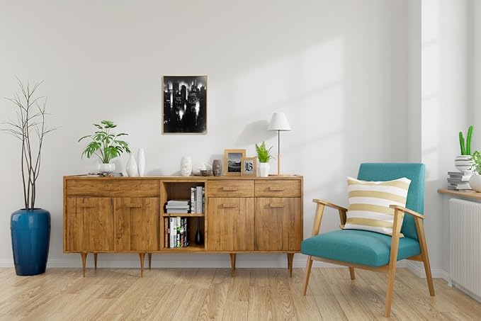 Abstract Cityscape Wall Art, Modern Urban Night Skyline Canvas Painting, Contemporary Expressionist City Decor (Gold, 17" W x 23" L / 45x60cm, Framed)