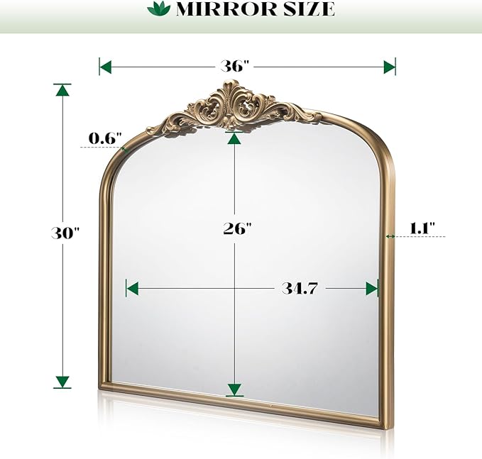 Arched Antique Gold Mirror, 36"x30" Gold Traditional Vintage Ornate Mirror, Wide Brass Vanity Mirrors for Over Sink/Bathroom/Fireplace/Entryway