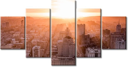 California Cityscape Canvas Wall Art City Night Scene Pictures Wall Decoration for Living Room California Skyline Sunset 5 Panel Bedroom Decor Wall Art Stretched and Framed Ready to Hang (60"Wx32"H)