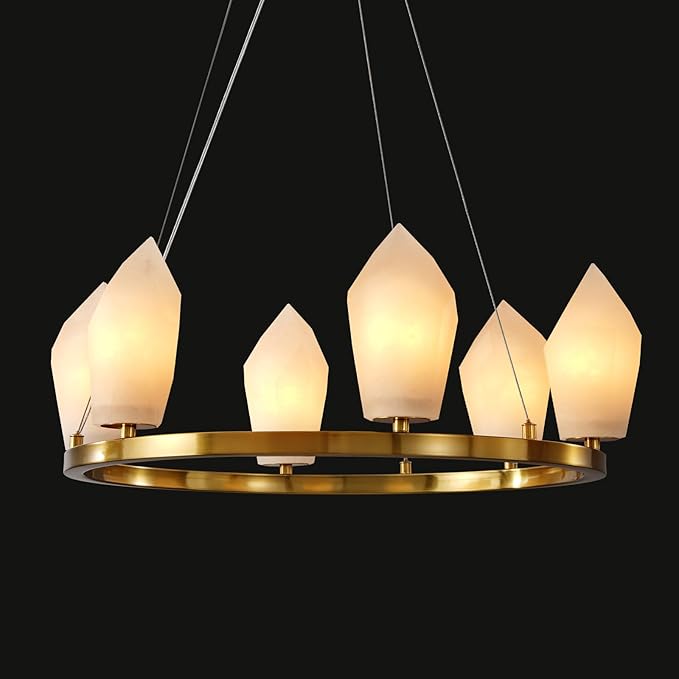 Alabaster Chandeliers, 23" 6-Light Modern Large Chandelier for Living Room with Bulb, Bedroom Wagon Wheel Chandelier, Round Gold Chandeliers for Entryway, Foyer Lighting Fixtures Hanging Light