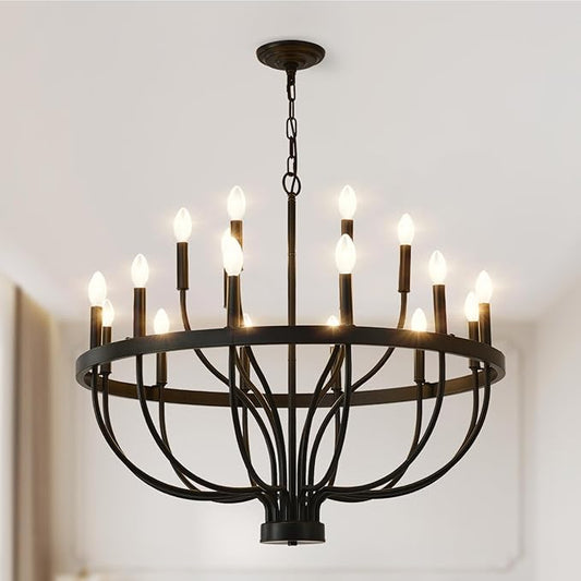 Black Farmhouse Chandelier 32-Inch, 18-Light Dining Room Chandelier, Modern Industrial Candle Chandeliers for Living Room Entryway Foyer E12
