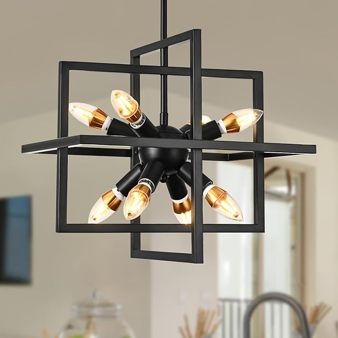 Modern Black Farmhouse Chandeliers,Small 8 Lights/E12 Geometric Pendant Light Adjustable Metal Hanging Lights for Dining Room,Kitchen Island,Foyer,Entryway,Hallway