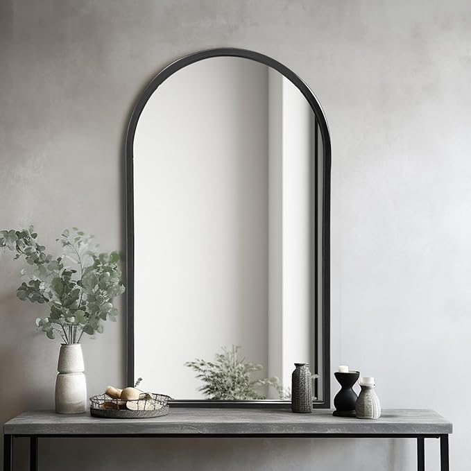 Arched Wall Mounted Mirror, 42"x24", Arch Black Mirror for Bathroom Vanity, Living Room or Bedroom, Entryway, Hallway Wall Mirror, Farmhouse Decorative Mirror for Hanging, Black, Iron Frame