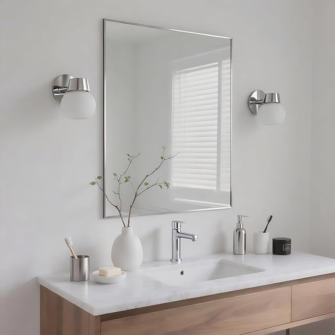 24x30 Inch Nickel Bathroom Mirror for Wall, Aluminum Frame Rectangle Rectangular Vanity Mirror, Modern Large for Bedroom, Living Room, Horizontal or Vertical