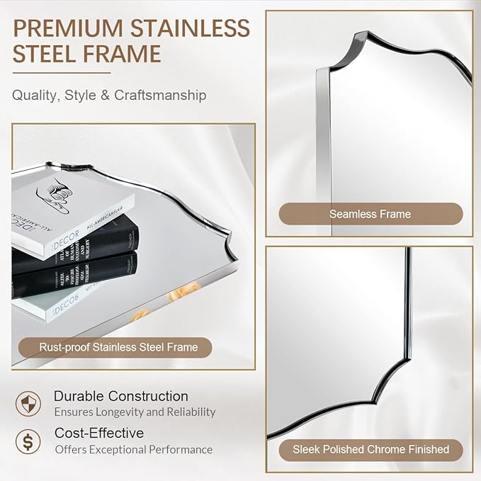 ANDY STAR Chrome Bathroom Mirror for Wall, 24x32 Inch Polished Chrome Mirror, Bathroom Mirror for Over Sink, Irregular Wall Mirror in Thin Stainless Steel Frame Deep 1’’, Wave Inspired Style