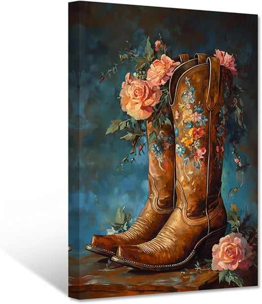 PBXBJY Western Canvas Wall Art Cowboy Boot Wall Decor Southwest Pictures Boot and Roses Print Rustic Farmhouse Bedroom Decor Framed (20.00" x 30.00")