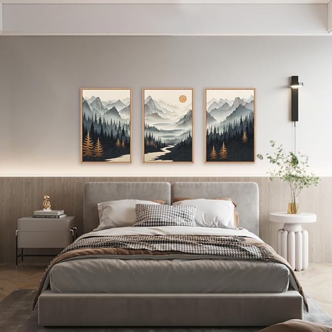 Ausril Watercolor Mountain Forest Framed Canvas Wall Art Set, Wood Foggy Lake Wall Decor, Misty Pine Tree Wall Painting, Neutral Nature Landscape Art Print for Living Room, Bedroom, Office - 16"X24"X3