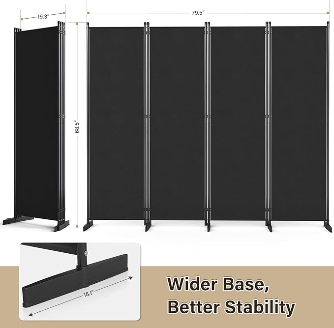 AKTOP Room Divider 4 Panel, 80" W Portable Wall Divider for Room Separation, Freestanding Partition Room Dividers, Folding Room Separators Privacy Screens for Home Office Bedroom, Black