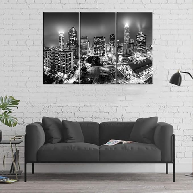 3 Pieces Charlotte Skyline Wall Art Carolina Landscape Black and White Prints on Canvas Downtown Canvas Cityscape the Picture Skyscraper Picture for Home Decor with Framed - 28‘’ x 14‘’ x 3 panels