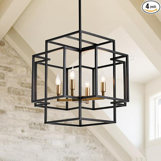 4-Light Black and Gold Chandeliers, Foyer Lighting Fixtures for High Ceilings, Farmhouse Chandeliers for Dinning Room Entryway Staircase, Rectangular Pendant Light for Kitchen Island