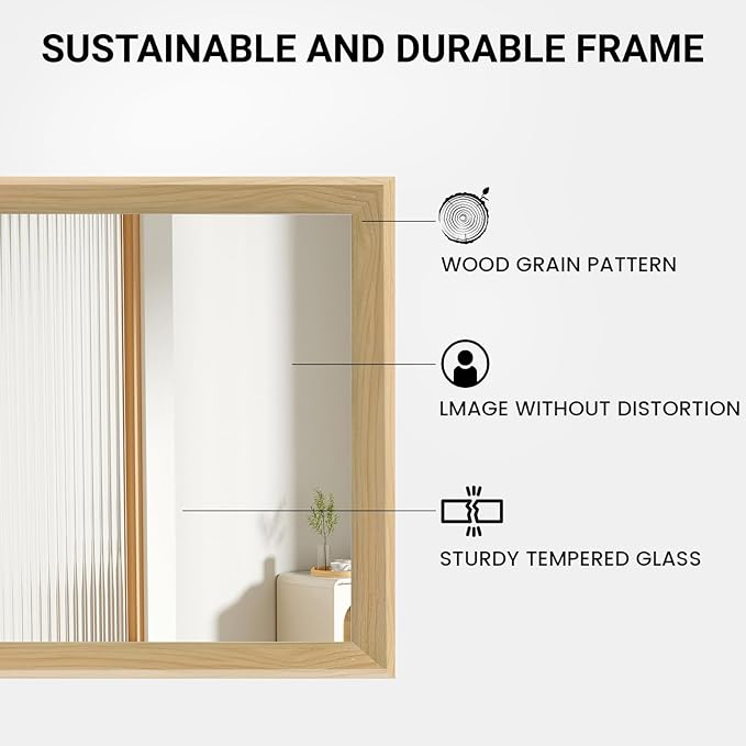 Oak Wood Effect Framed Wall Mirror, 16x20 Rectangle Mirror, 1/8" Anti-desilvering Tempered Glass, Sustainable&Sturdy Frame, Anti-Rust, HD Reflection &3min Fast Setup for Bathroom Living Room