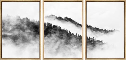 SIGNWIN Framed Canvas Print Wall Art Set Black & White Mountain Forest Valley Nature Wilderness Photography Modern Art Rustic Landscape Relax/Calm for Living Room, Bedroom, Office - 16"x24"x3 Natural