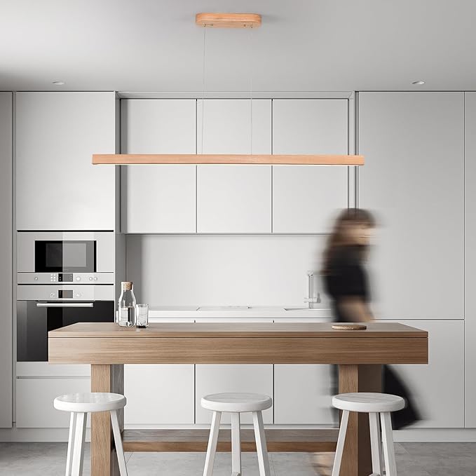 39" Wood Linear Pendant Light Fixture Modern LED Pendant Lights Led Dimmable Chandelier with Remote Control Ceiling Hanging Lights Pool Table Lights for Dining Room Kitchen Island Lights Natural