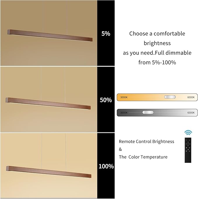 47" Wood Linear Pendant Light Fixtures Modern Led 36w Dimmable Pendant Lighting Ceiling Hanging Lights Wood Linear Chandeliers for Kitchen Island Dining Room Pool Table Walnut Color