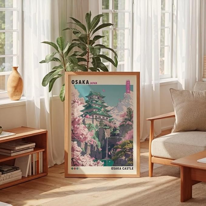 Osaka Castle Poster, Traditional Japanese Temple Wall Art Print with Cherry Blossoms, Japandi Asian Landscape Artwork, Vintage Decor for Living Room or Office (Unframed) (16x24)